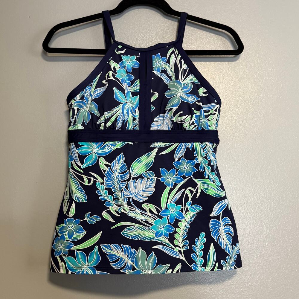 Lands End Blue Floral High Neck Tankini Swimsuit Top 4